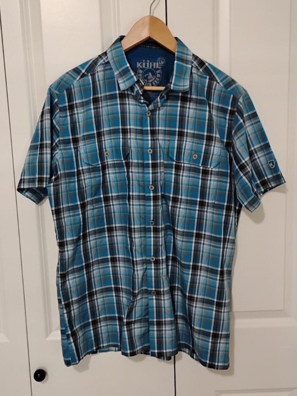 Kühl Women's Blue Black Eluxur Short-Sleeve Plaid Button-Up Shirt Size Medium